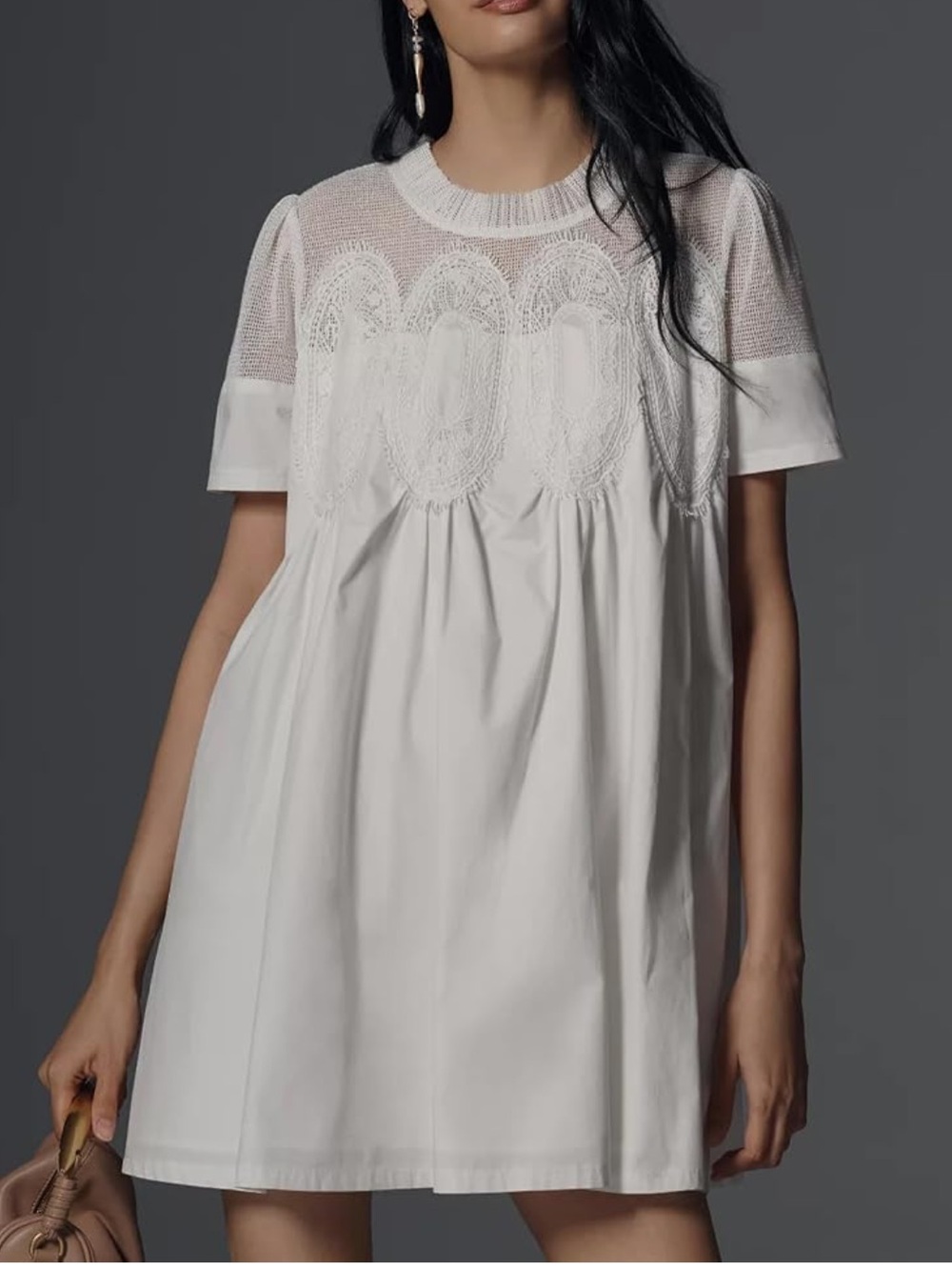 White Lace Yoke Short Sleeve dress